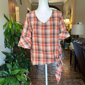 Oddy Farm girl plaid tie waist top szM